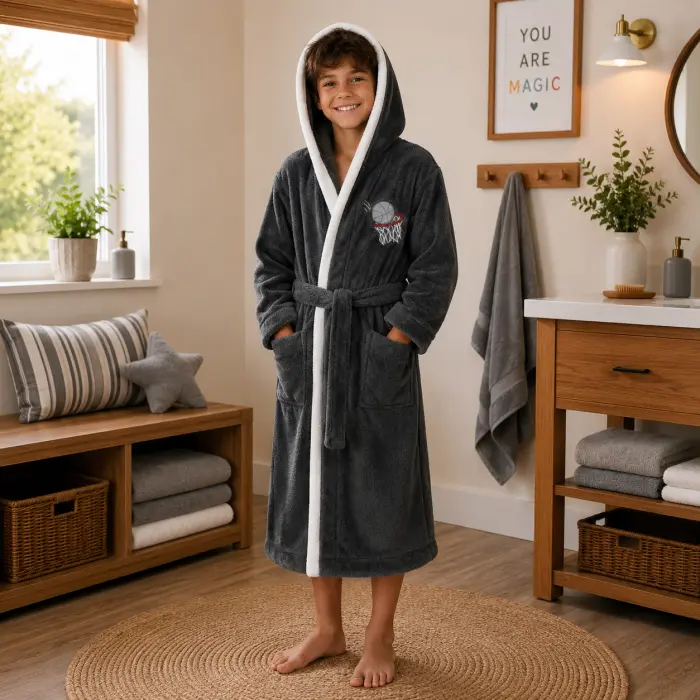 Halat de baie pentru copii Sunny din 100% bumbac cu glugă - Gri inchis - 11/12 ani - 3907 - Halat de baie pentru copii Sunny din 100% bumbac cu glugă - Gri inchis - 11/12 ani - 3907