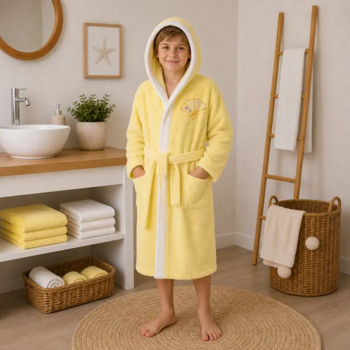Halat de baie pentru copii Sunny din 100% bumbac cu glugă - galben - 9/10 ani - 3889 - Halat de baie pentru copii Sunny din 100% bumbac cu glugă - galben - 9/10 ani - 3889