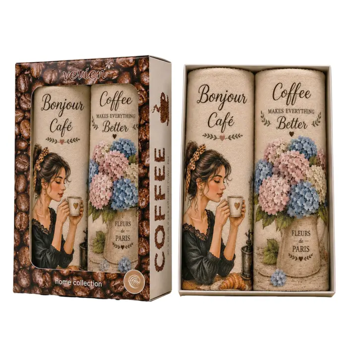 Set de prosoape din bumbac cu imprimeu, 30x50 cm, în cutie „Cafea” – 5620 - 4108 - Set de prosoape din bumbac cu imprimeu, 30x50 cm, în cutie „Cafea” – 5620 - 4108