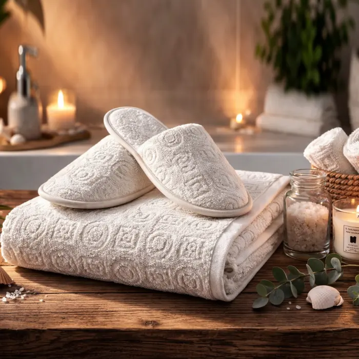 Set prosop de baie cu papuci „Jacard-MS” – Crema - 3777 - Set prosop de baie cu papuci „Jacard-MS” – Crema - 3777