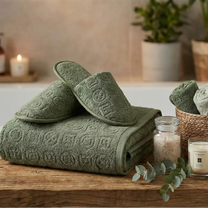 Set prosop de baie cu papuci „Jacard-MS” – Verde inchis - 3785 - Set prosop de baie cu papuci „Jacard-MS” – Verde inchis - 3785