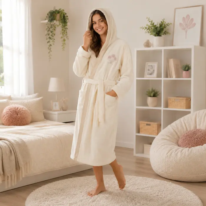 Halat de baie pentru adolescenți Sunny din 100% bumbac cu glugă - crem - 13/14 ani - 3909 - Halat de baie pentru adolescenți Sunny din 100% bumbac cu glugă - crem - 13/14 ani - 3909