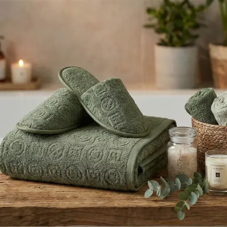 Set prosop de baie cu papuci „Jacard-MS” – Verde inchis