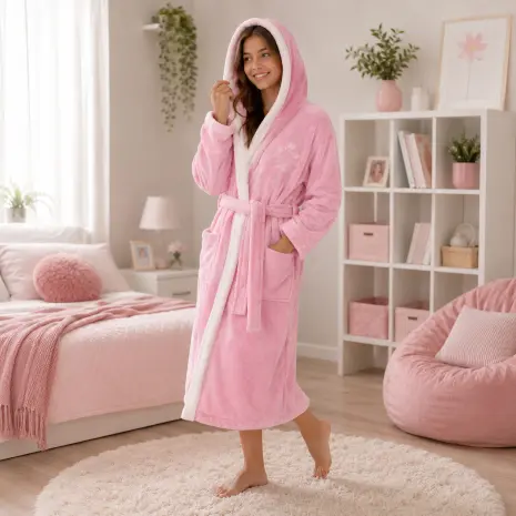 Halat de baie pentru adolescenți Sunny din 100% bumbac cu glugă - Roz - 13/14 ani - Halat de baie pentru adolescenți Sunny din 100% bumbac cu glugă - Roz - 13/14 ani