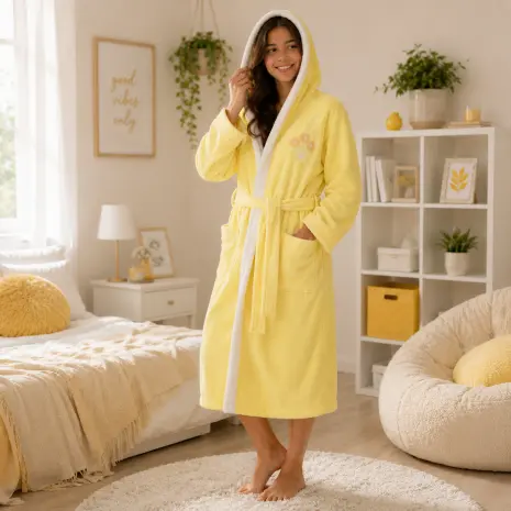 Halat de baie pentru adolescenți Sunny din 100% bumbac cu glugă - Galben - 13/14 ani - Halat de baie pentru adolescenți Sunny din 100% bumbac cu glugă - Galben - 13/14 ani